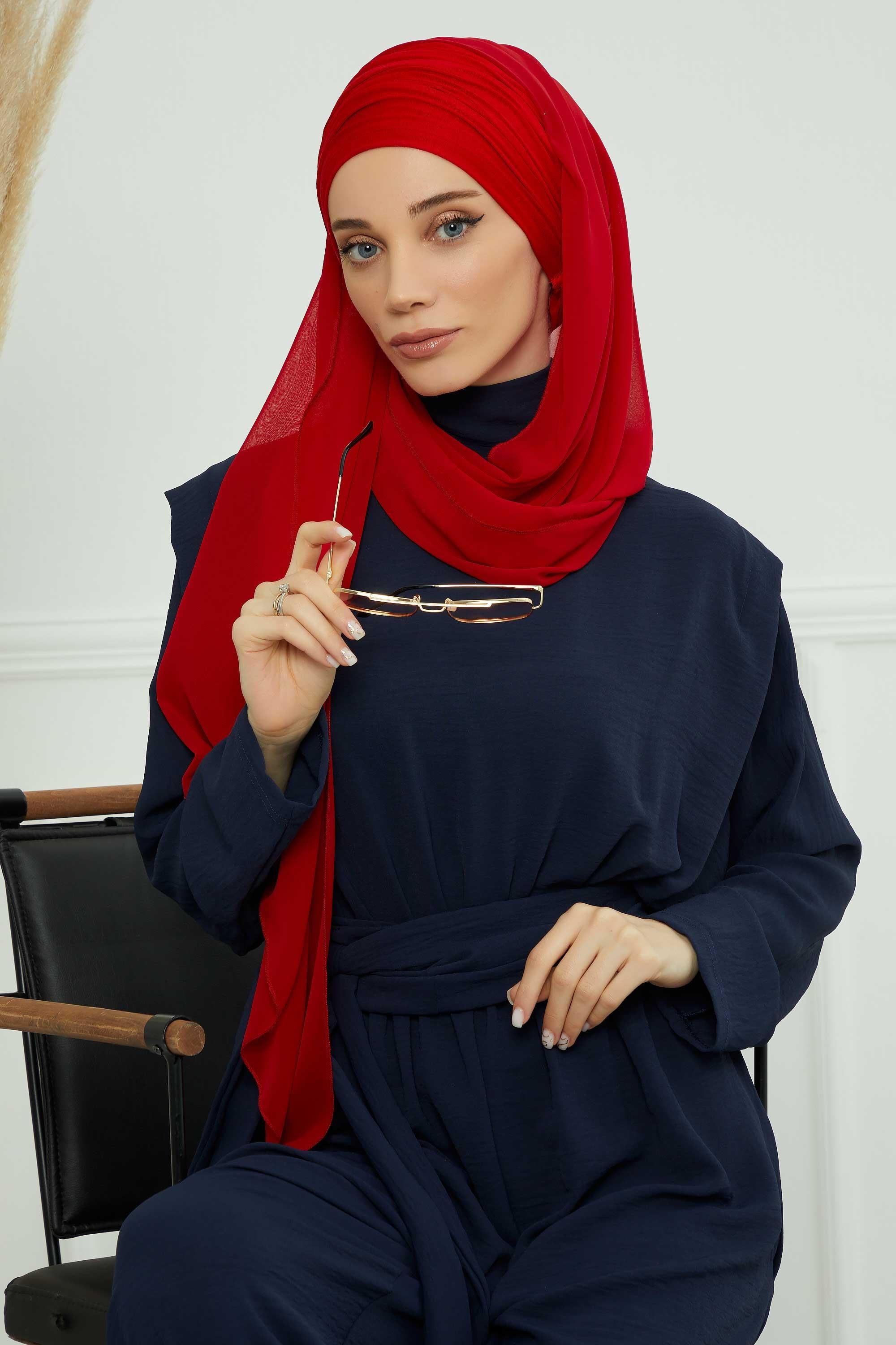 Instant Chiffon Shawl for Women With Cotton Bonnet Chiffon Turban Cap Head Wrap Instant Turban Scarf,BTS-1 Red