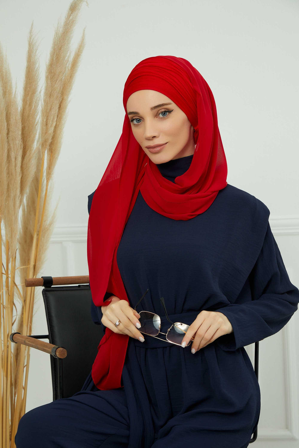 Instant Chiffon Shawl for Women With Cotton Bonnet Chiffon Turban Cap Head Wrap Instant Turban Scarf,BTS-1 Red