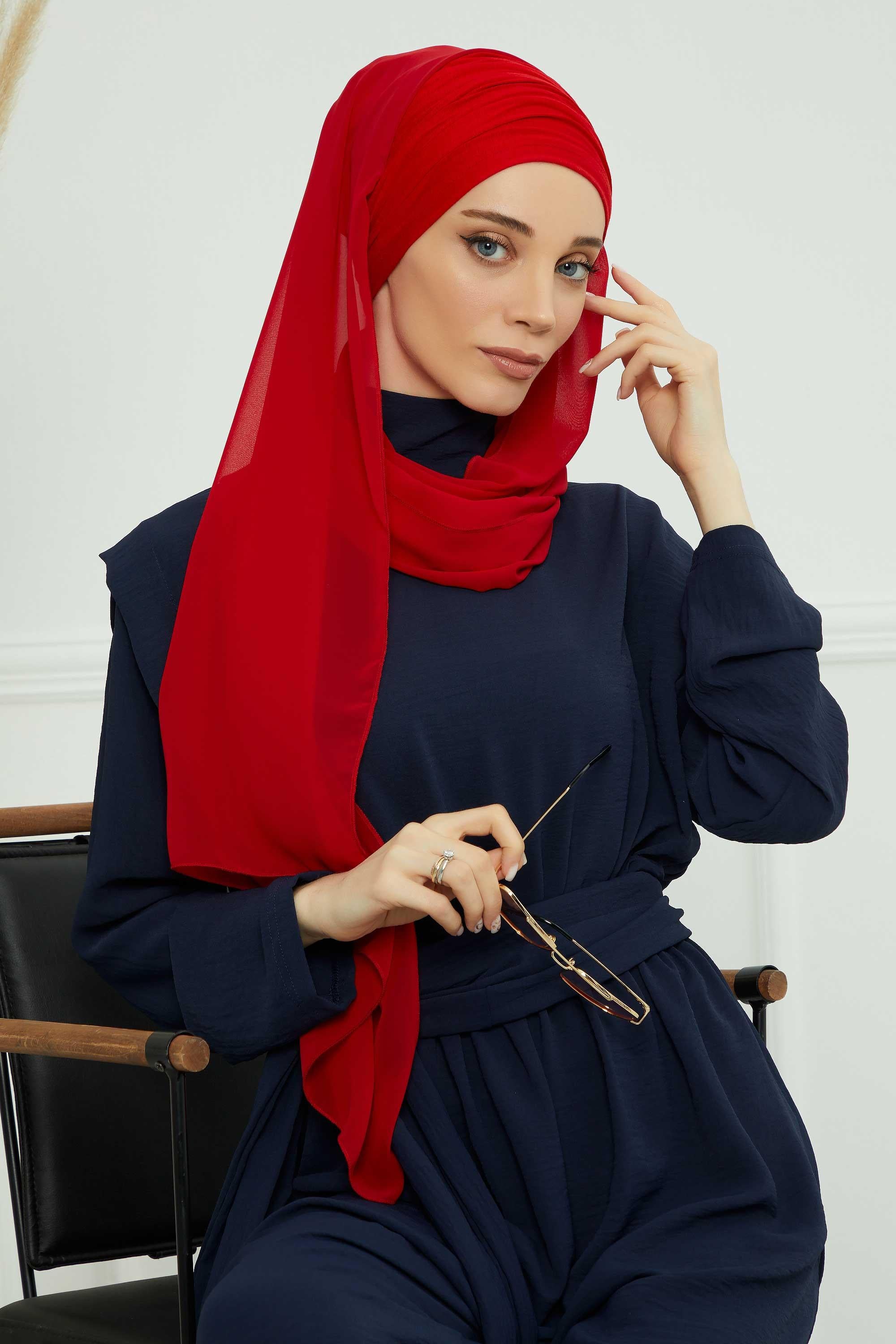 Instant Chiffon Shawl for Women With Cotton Bonnet Chiffon Turban Cap Head Wrap Instant Turban Scarf,BTS-1 Red