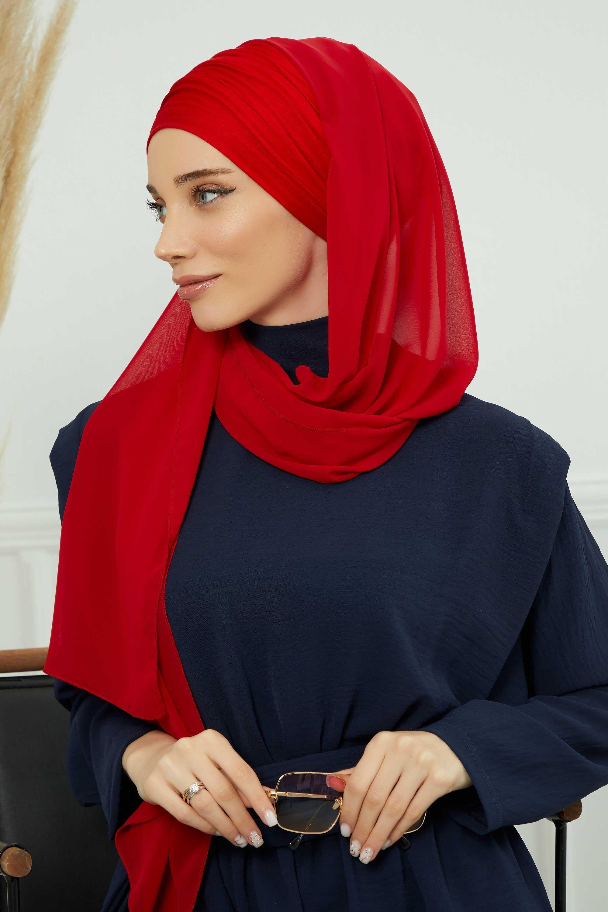 Instant Chiffon Shawl for Women With Cotton Bonnet Chiffon Turban Cap Head Wrap Instant Turban Scarf,BTS-1 Red