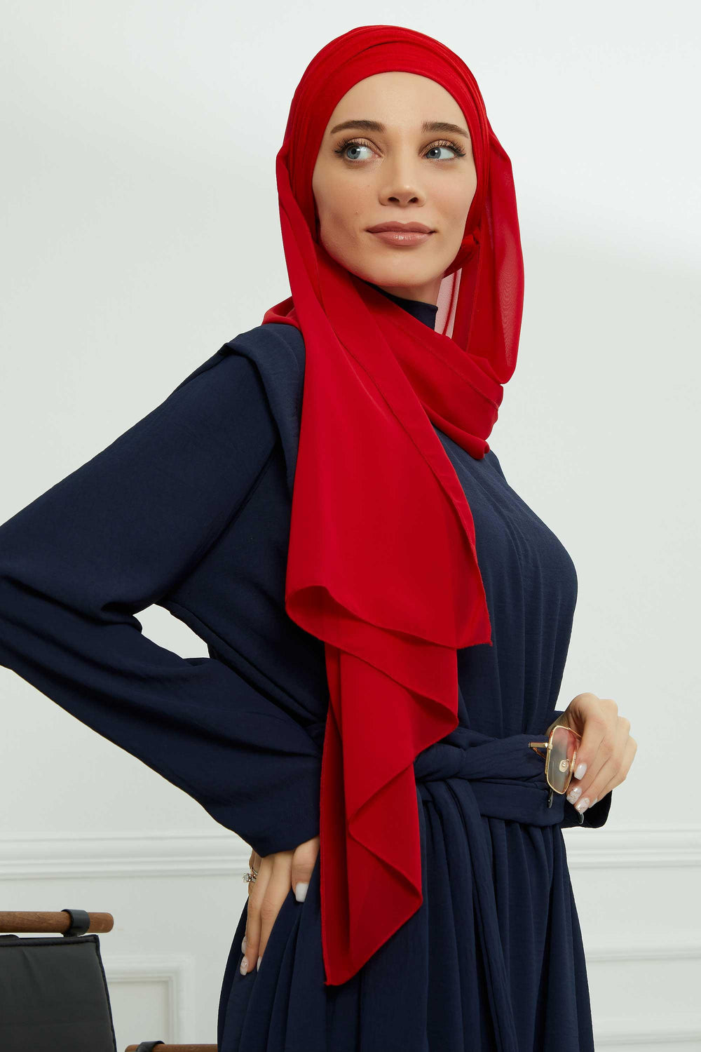 Instant Chiffon Shawl for Women With Cotton Bonnet Chiffon Turban Cap Head Wrap Instant Turban Scarf,BTS-1 Red