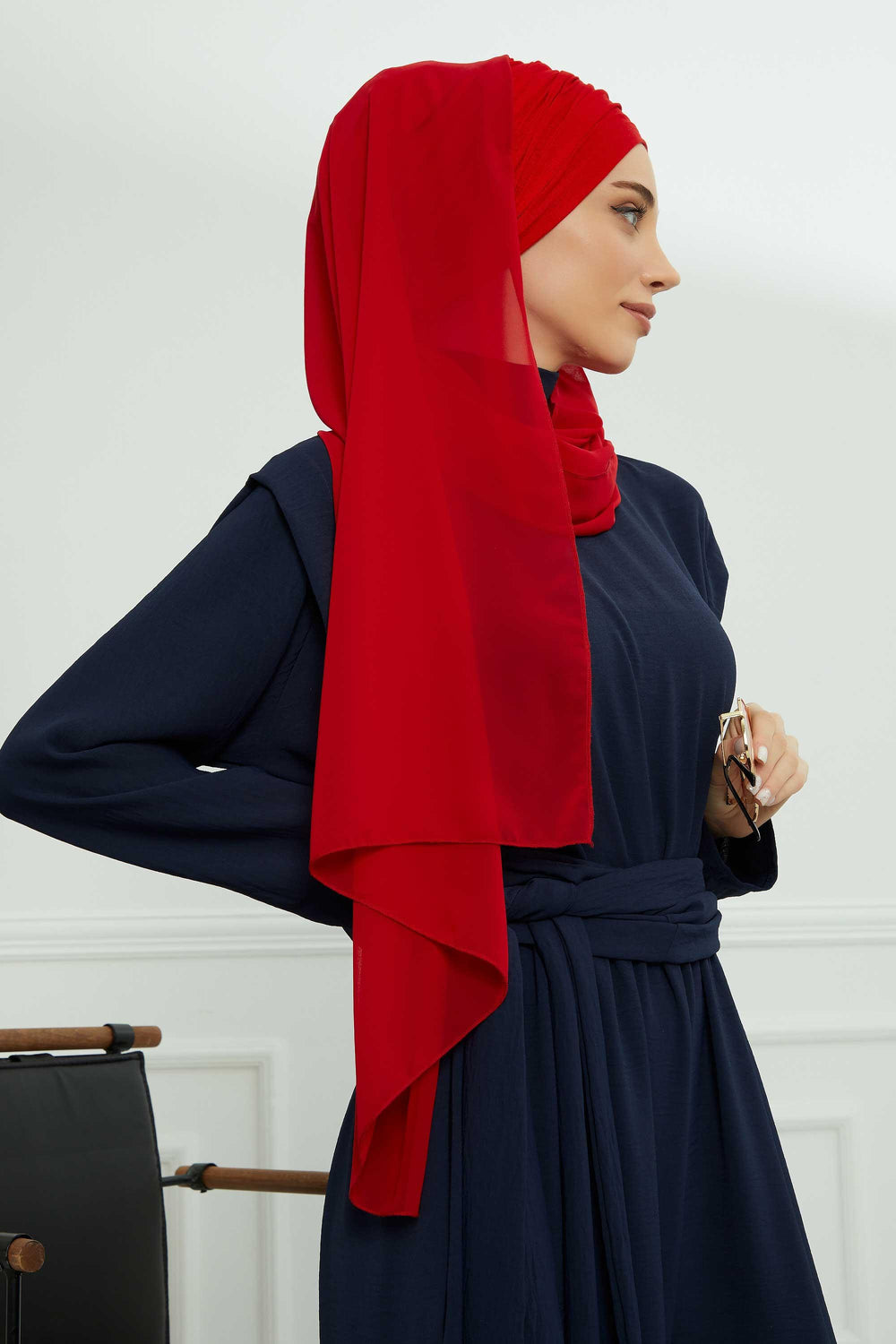 Instant Chiffon Shawl for Women With Cotton Bonnet Chiffon Turban Cap Head Wrap Instant Turban Scarf,BTS-1 Red