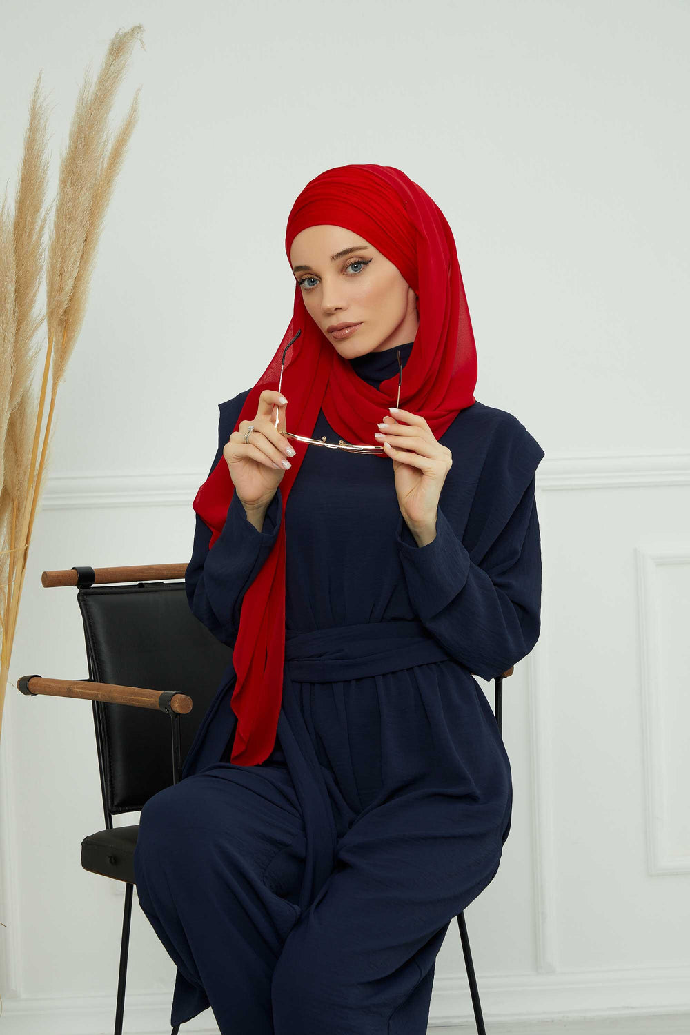 Instant Chiffon Shawl for Women With Cotton Bonnet Chiffon Turban Cap Head Wrap Instant Turban Scarf,BTS-1 Red