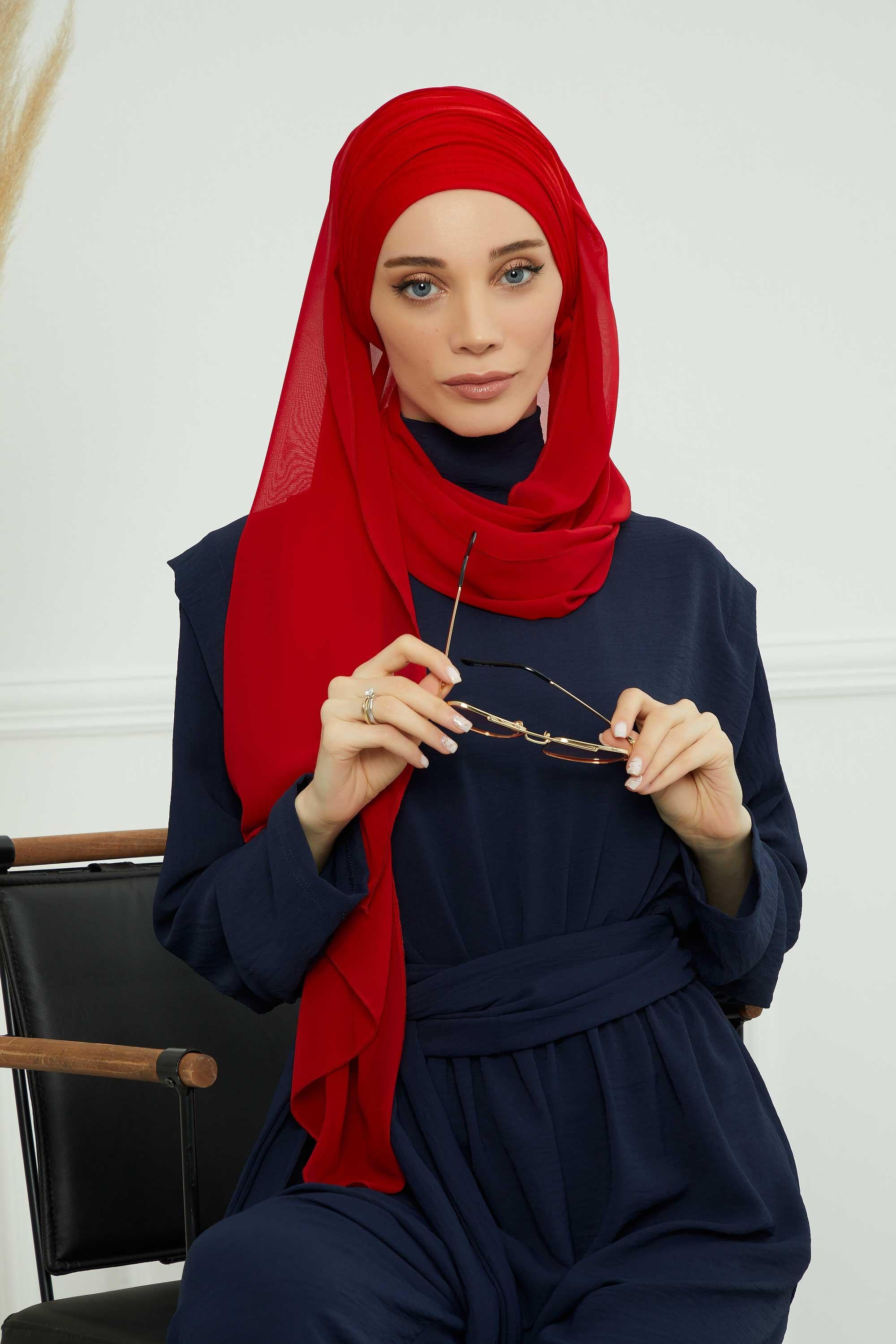 Instant Chiffon Shawl for Women With Cotton Bonnet Chiffon Turban Cap Head Wrap Instant Turban Scarf,BTS-1 Red