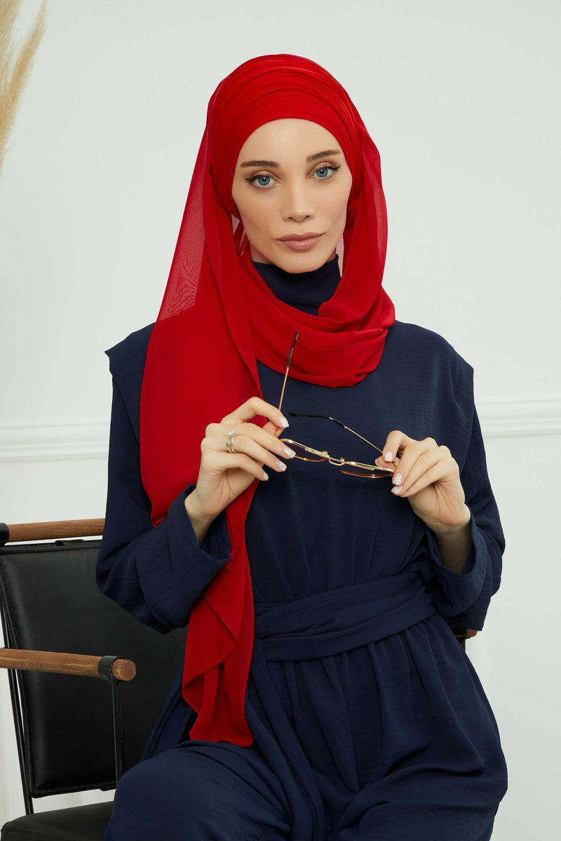 Instant Chiffon Shawl for Women With Cotton Bonnet Chiffon Turban Cap Head Wrap Instant Turban Scarf,BTS-1 Dark Green