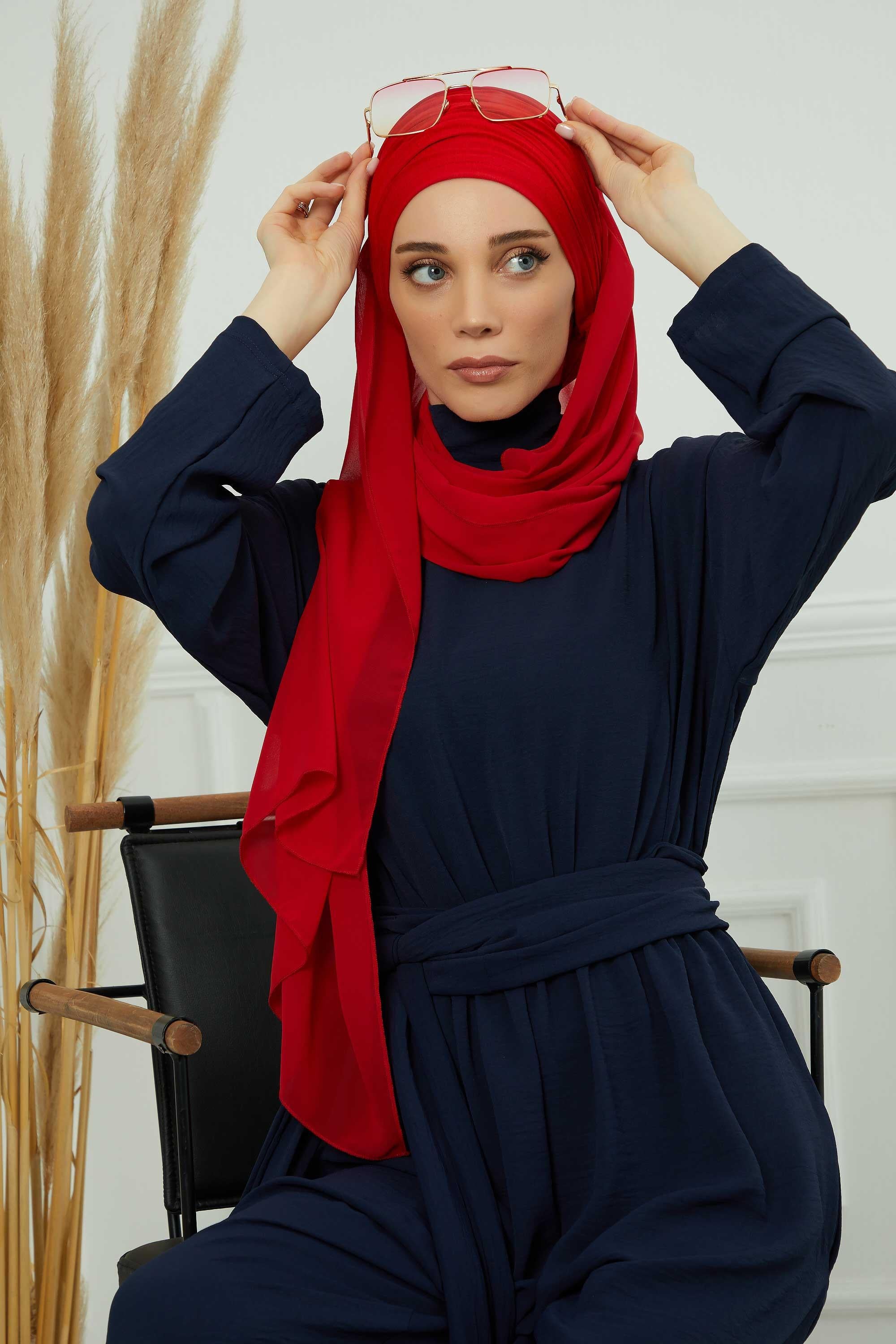 Instant Chiffon Shawl for Women With Cotton Bonnet Chiffon Turban Cap Head Wrap Instant Turban Scarf,BTS-1 Red