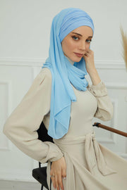 Instant Chiffon Shawl for Women With Cotton Bonnet Chiffon Turban Cap Head Wrap Instant Turban Scarf,BTS-1 Baby Blue
