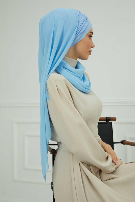Instant Chiffon Shawl for Women With Cotton Bonnet Chiffon Turban Cap Head Wrap Instant Turban Scarf,BTS-1 Baby Blue