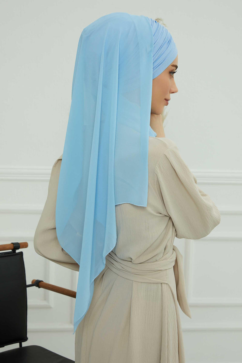 Instant Chiffon Shawl for Women With Cotton Bonnet Chiffon Turban Cap Head Wrap Instant Turban Scarf,BTS-1 Baby Blue