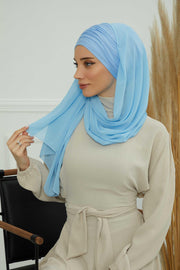 Instant Chiffon Shawl for Women With Cotton Bonnet Chiffon Turban Cap Head Wrap Instant Turban Scarf,BTS-1 Baby Blue
