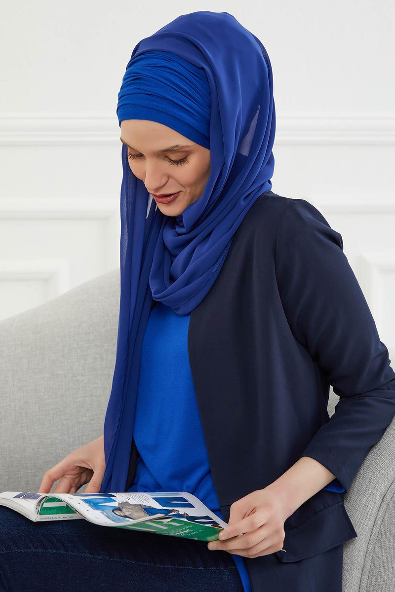 Instant Chiffon Shawl for Women With Cotton Bonnet Chiffon Turban Cap Head Wrap Instant Turban Scarf,BTS-1 Sax Blue