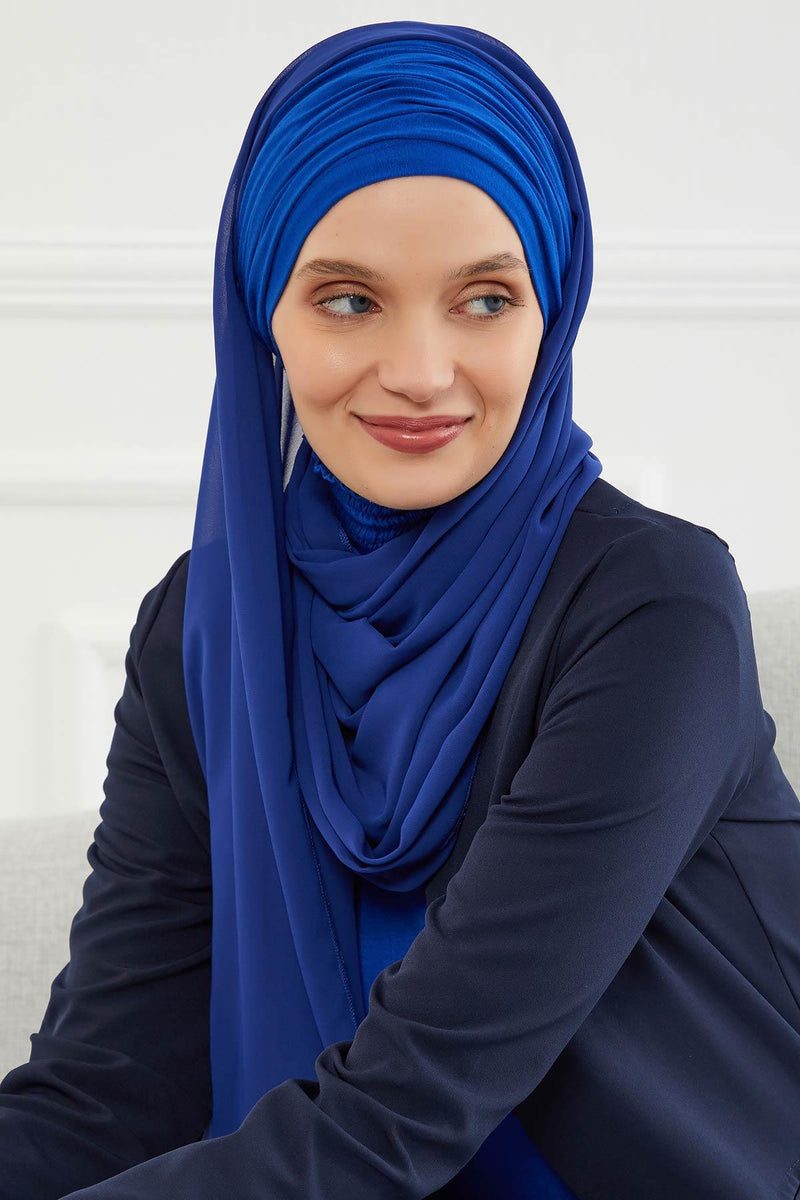 Instant Chiffon Shawl for Women With Cotton Bonnet Chiffon Turban Cap Head Wrap Instant Turban Scarf,BTS-1 Sax Blue