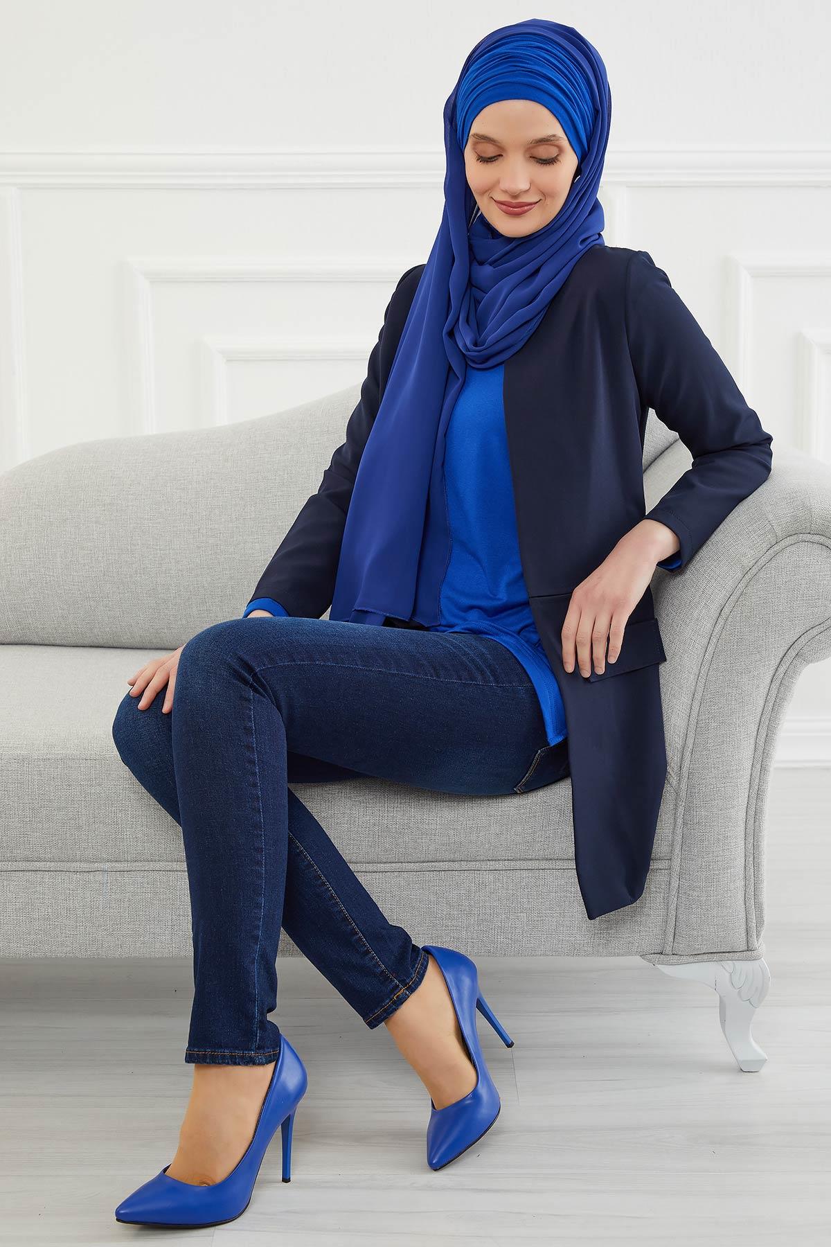 Instant Chiffon Shawl for Women With Cotton Bonnet Chiffon Turban Cap Head Wrap Instant Turban Scarf,BTS-1 Sax Blue
