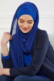 Instant Chiffon Shawl for Women With Cotton Bonnet Chiffon Turban Cap Head Wrap Instant Turban Scarf,BTS-1 Sax Blue