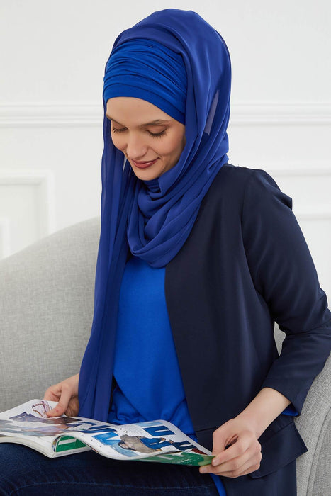 Instant Chiffon Shawl for Women With Cotton Bonnet Chiffon Turban Cap Head Wrap Instant Turban Scarf,BTS-1 Sax Blue