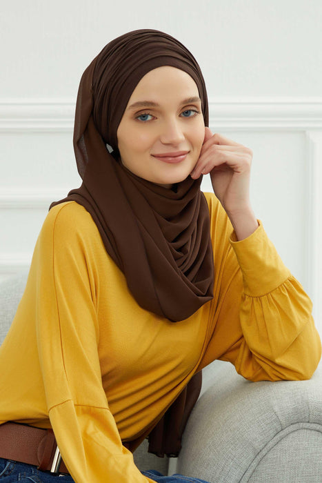 Instant Chiffon Shawl for Women With Cotton Bonnet Chiffon Turban Cap Head Wrap Instant Turban Scarf,BTS-1 Brown