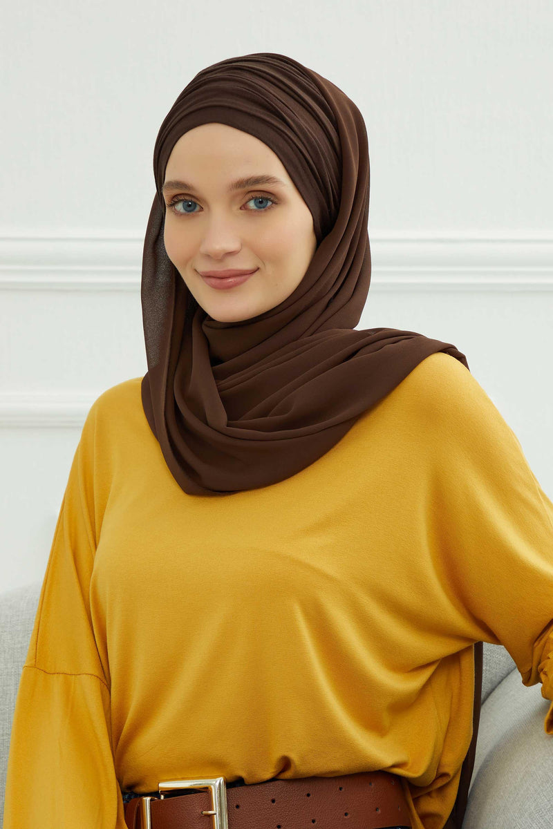 Instant Chiffon Shawl for Women With Cotton Bonnet Chiffon Turban Cap Head Wrap Instant Turban Scarf,BTS-1 Brown