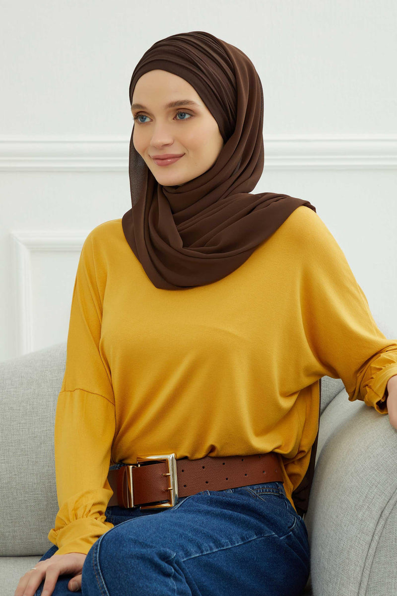 Instant Chiffon Shawl for Women With Cotton Bonnet Chiffon Turban Cap Head Wrap Instant Turban Scarf,BTS-1 Brown