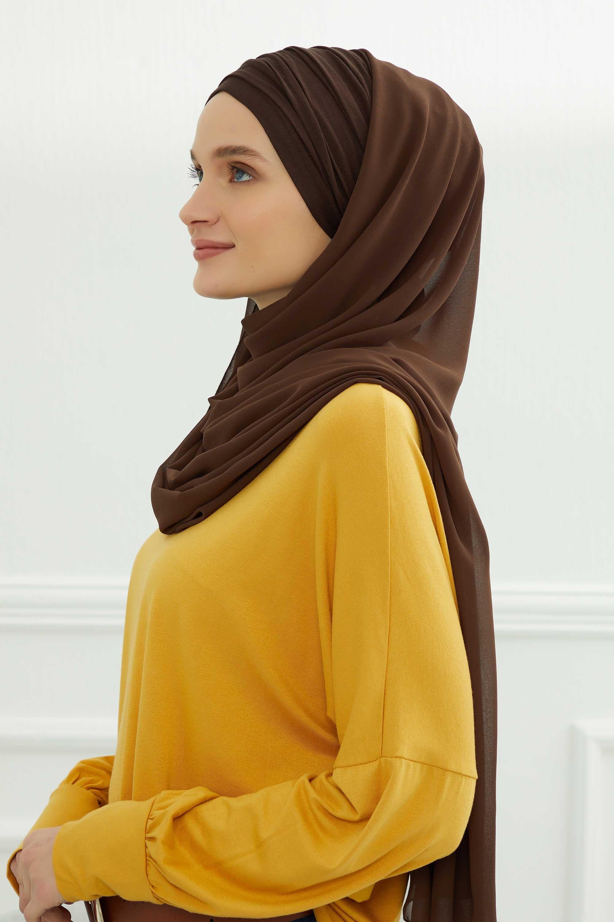 Instant Chiffon Shawl for Women With Cotton Bonnet Chiffon Turban Cap Head Wrap Instant Turban Scarf,BTS-1 Brown