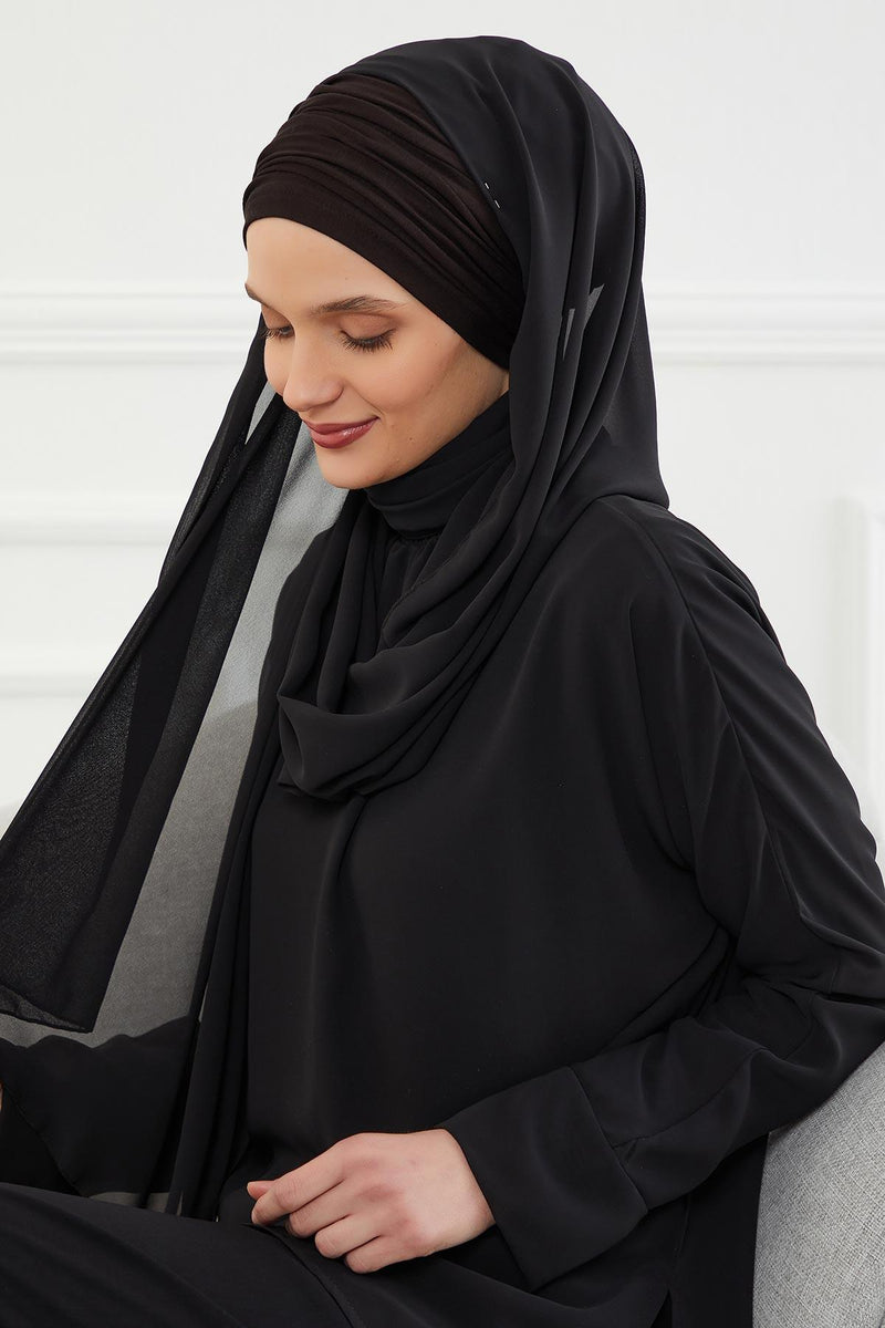 Instant Chiffon Shawl for Women With Cotton Bonnet Chiffon Turban Cap Head Wrap Instant Turban Scarf,BTS-1 Black