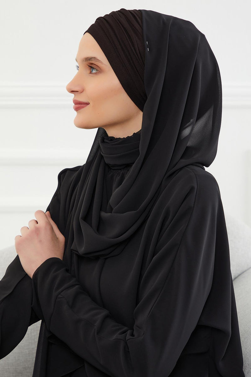 Instant Chiffon Shawl for Women With Cotton Bonnet Chiffon Turban Cap Head Wrap Instant Turban Scarf,BTS-1 Black