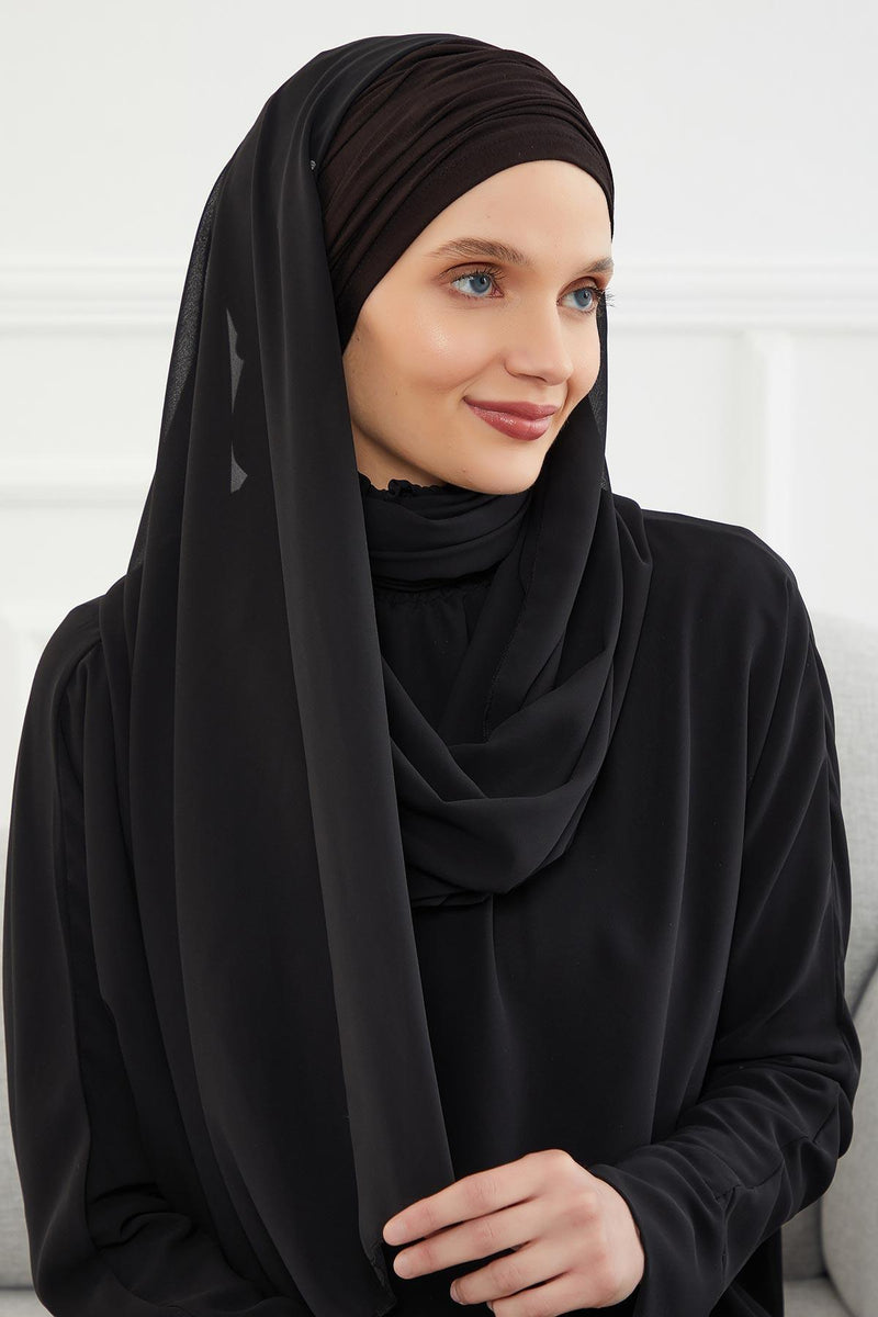 Instant Chiffon Shawl for Women With Cotton Bonnet Chiffon Turban Cap Head Wrap Instant Turban Scarf,BTS-1 Black
