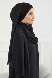 Instant Chiffon Shawl for Women With Cotton Bonnet Chiffon Turban Cap Head Wrap Instant Turban Scarf,BTS-1 Black