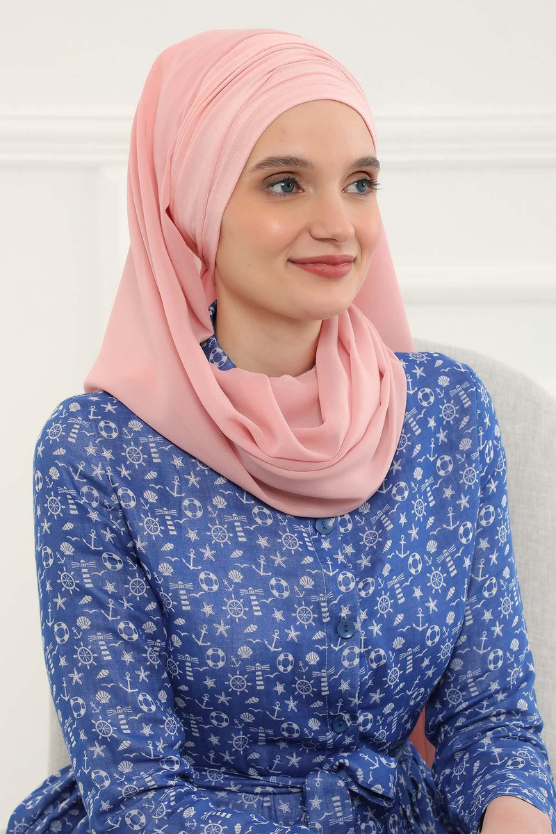 Instant Chiffon Shawl for Women With Cotton Bonnet Chiffon Turban Cap Head Wrap Instant Turban Scarf,BTS-1 Powder