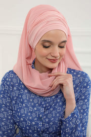 Instant Chiffon Shawl for Women With Cotton Bonnet Chiffon Turban Cap Head Wrap Instant Turban Scarf,BTS-1 Powder