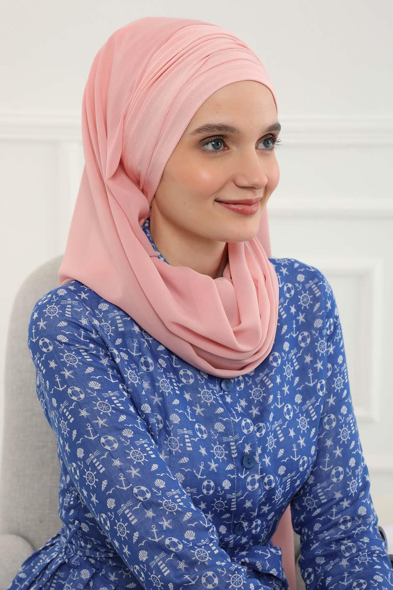 Instant Chiffon Shawl for Women With Cotton Bonnet Chiffon Turban Cap Head Wrap Instant Turban Scarf,BTS-1 Powder