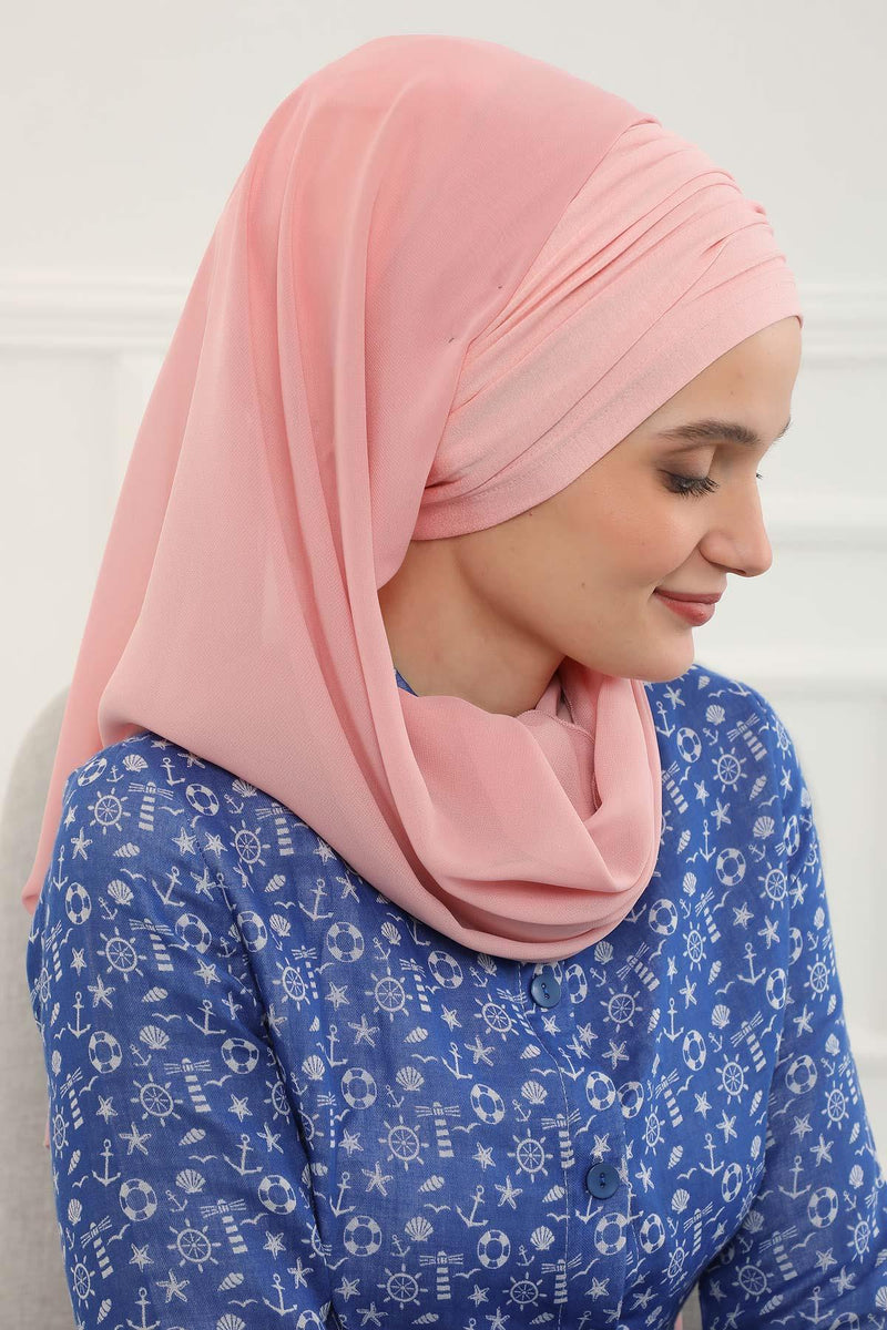 Instant Chiffon Shawl for Women With Cotton Bonnet Chiffon Turban Cap Head Wrap Instant Turban Scarf,BTS-1 Powder