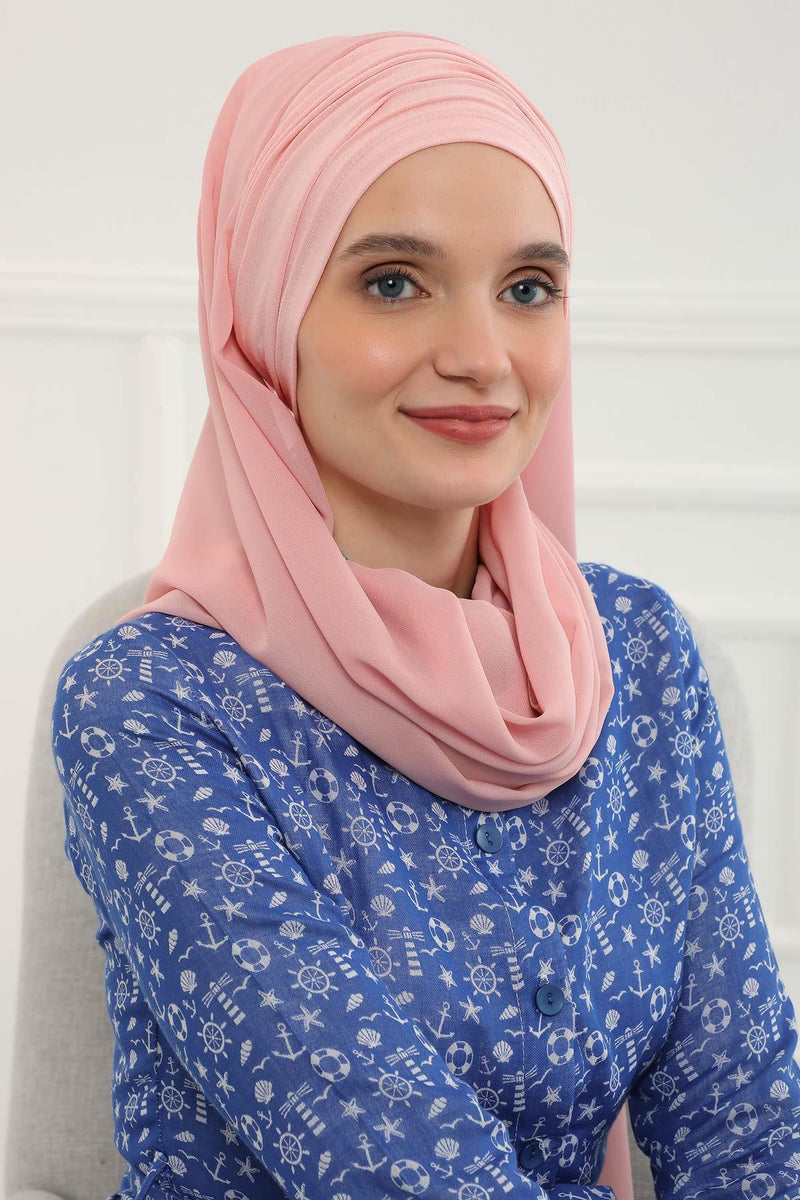 Instant Chiffon Shawl for Women With Cotton Bonnet Chiffon Turban Cap Head Wrap Instant Turban Scarf,BTS-1 Powder