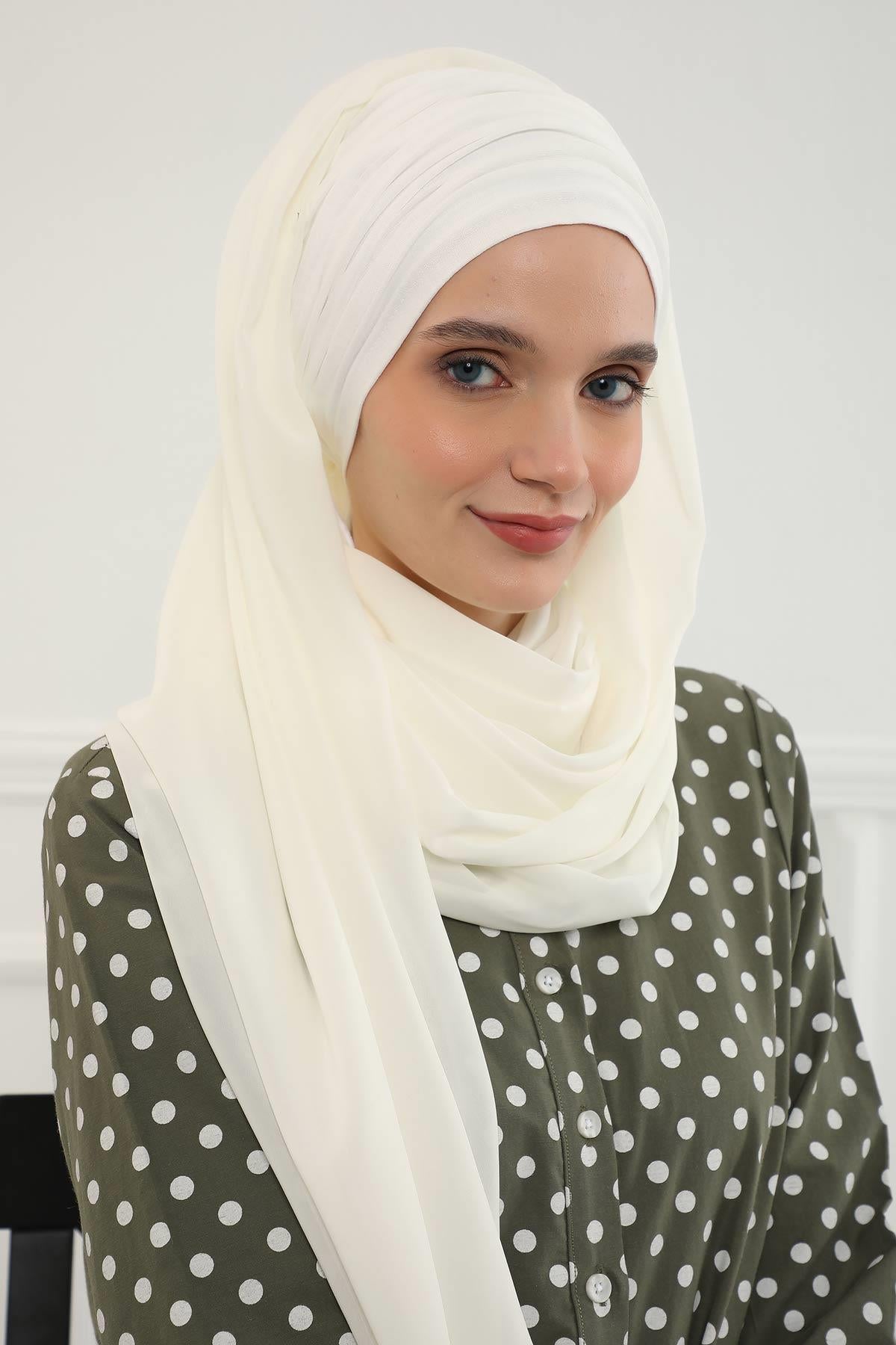 Instant Chiffon Shawl for Women With Cotton Bonnet Chiffon Turban Cap Head Wrap Instant Turban Scarf,BTS-1 Ivory