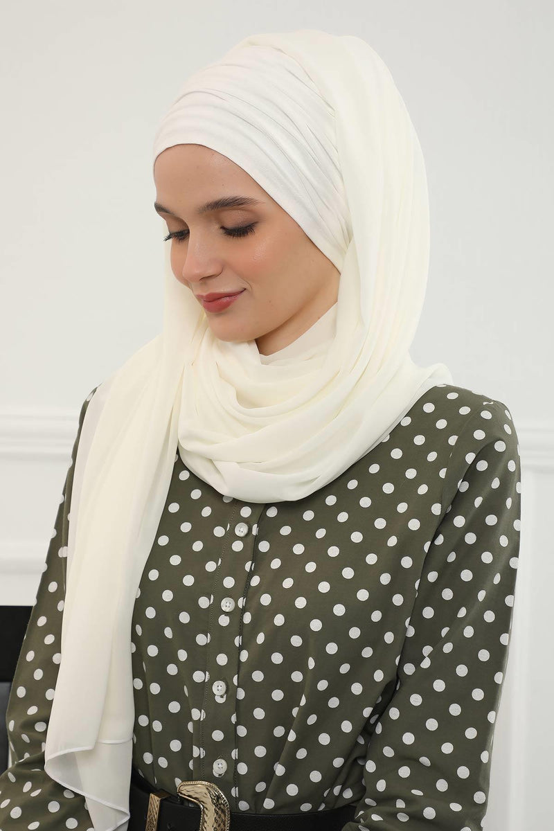 Instant Chiffon Shawl for Women With Cotton Bonnet Chiffon Turban Cap Head Wrap Instant Turban Scarf,BTS-1 Ivory