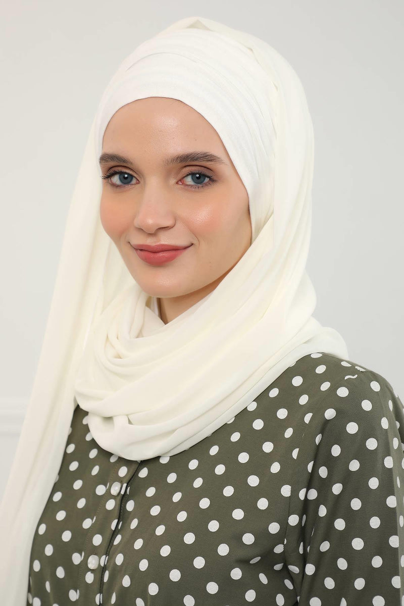 Instant Chiffon Shawl for Women With Cotton Bonnet Chiffon Turban Cap Head Wrap Instant Turban Scarf,BTS-1 Ivory