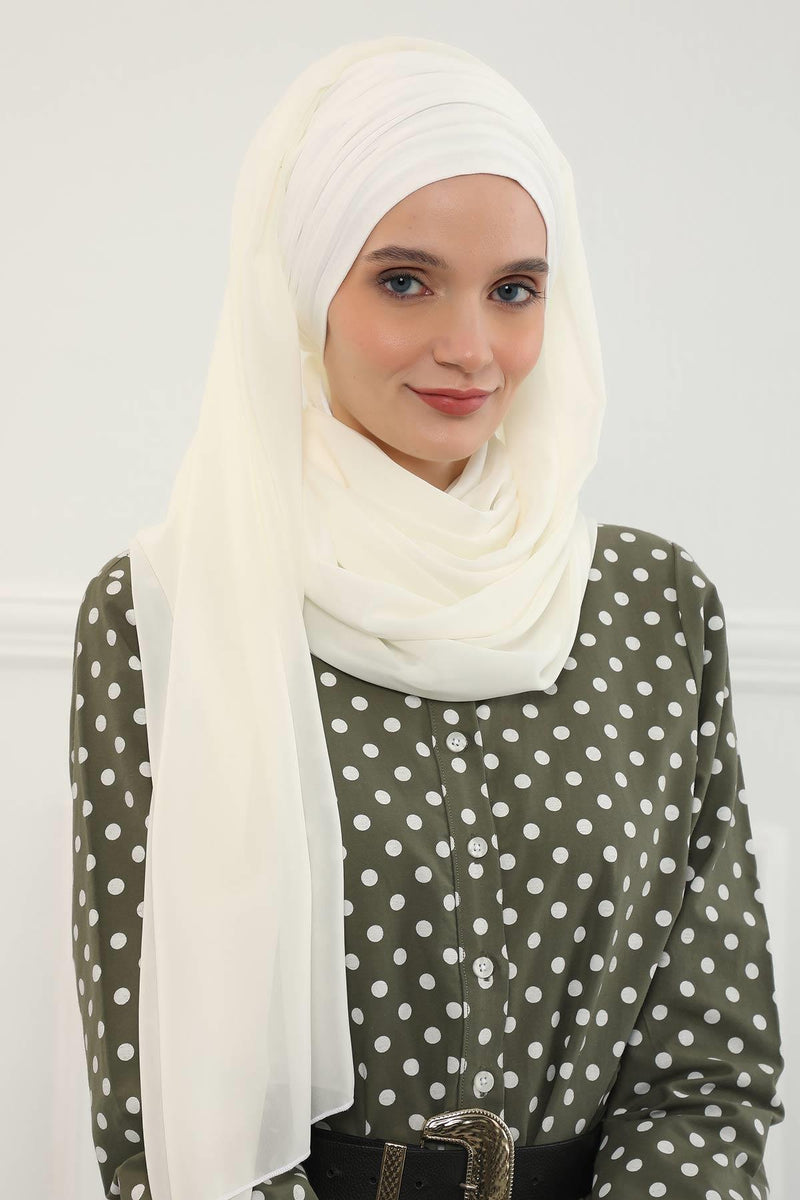 Instant Chiffon Shawl for Women With Cotton Bonnet Chiffon Turban Cap Head Wrap Instant Turban Scarf,BTS-1 Ivory