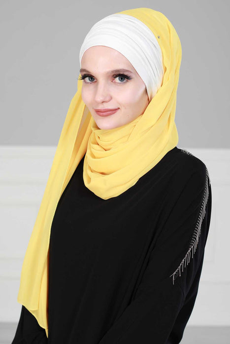 Instant Chiffon Shawl for Women With Cotton Bonnet Chiffon Turban Cap Head Wrap Instant Turban Scarf,BTS-1 Ivory