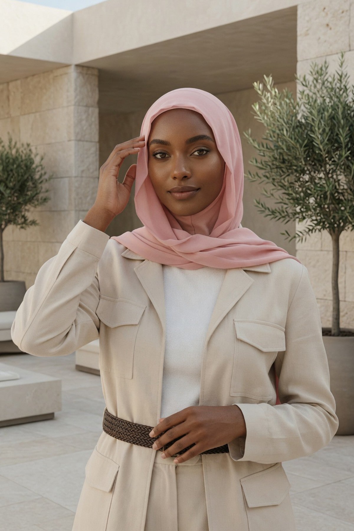 Instant Chiffon Shawl Headscarf for Women with Cotton Bonnet Chiffon Turban Cap, Ready-to-Wear Soft Chiffon Shawl Instant Hijab Wrap,PS-46 Powder