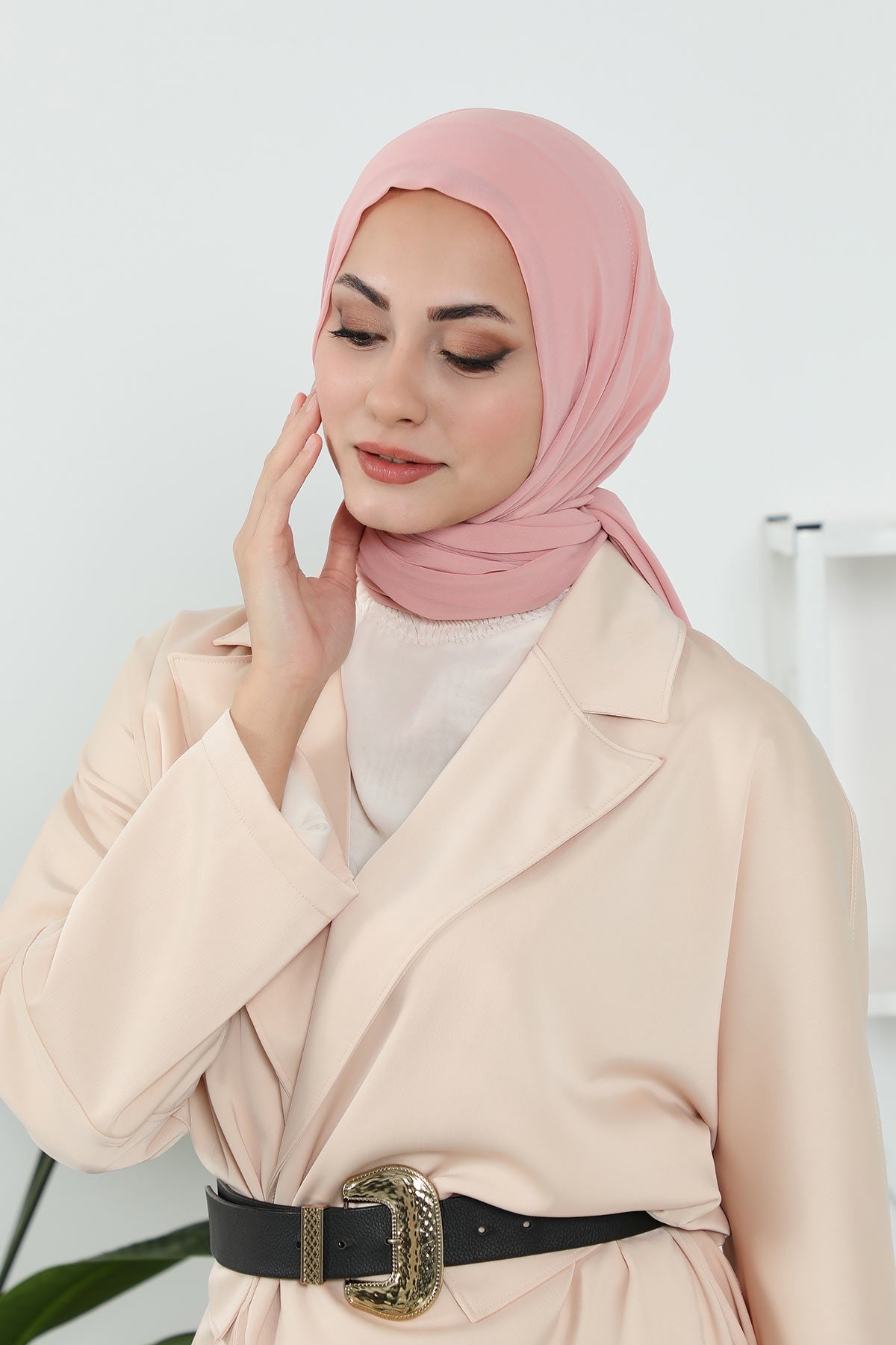 Instant Chiffon Shawl Headscarf for Women with Cotton Bonnet Chiffon Turban Cap, Ready-to-Wear Soft Chiffon Shawl Instant Hijab Wrap,PS-46 Powder