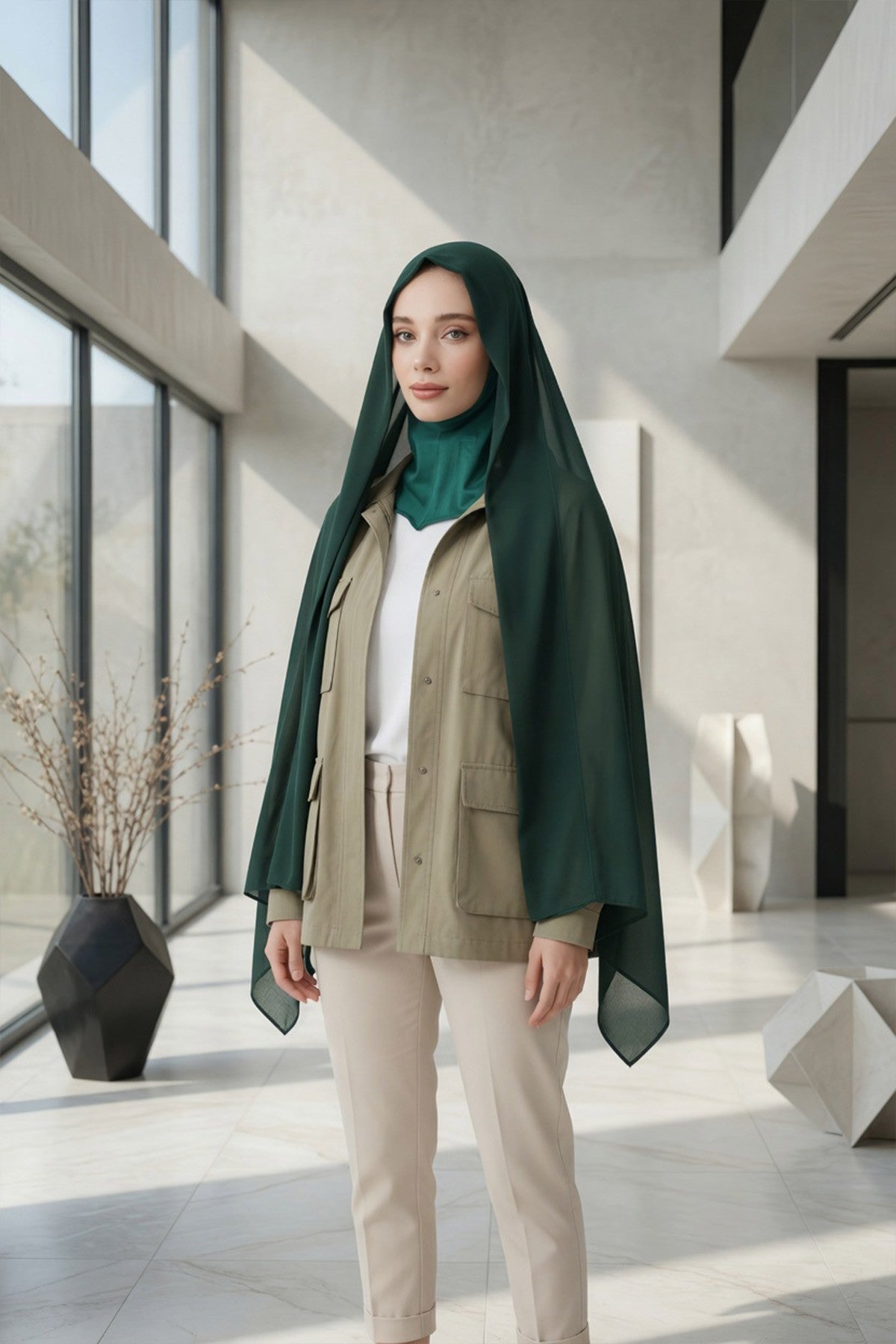 Instant Chiffon Shawl Headscarf for Women with Cotton Bonnet Chiffon Turban Cap, Ready-to-Wear Soft Chiffon Shawl Instant Hijab Wrap,PS-46 Dark Green