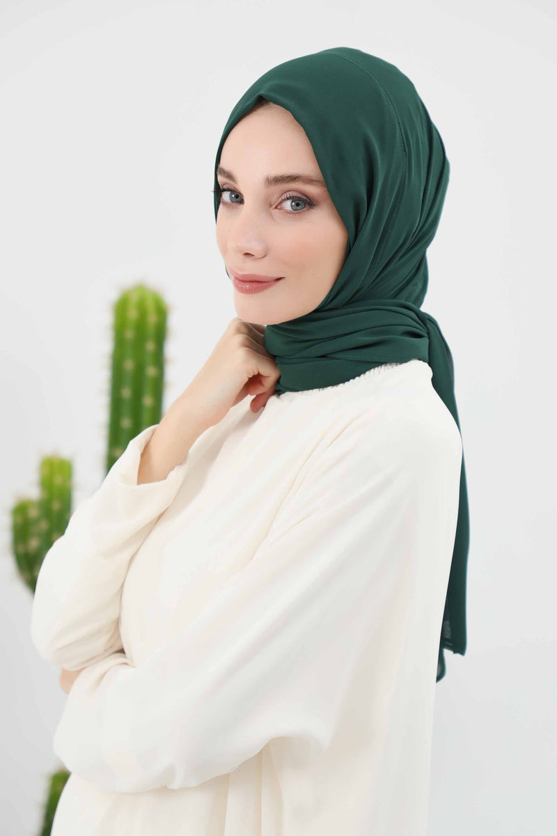 Instant Chiffon Shawl Headscarf for Women with Cotton Bonnet Chiffon Turban Cap, Ready-to-Wear Soft Chiffon Shawl Instant Hijab Wrap,PS-46 Dark Green