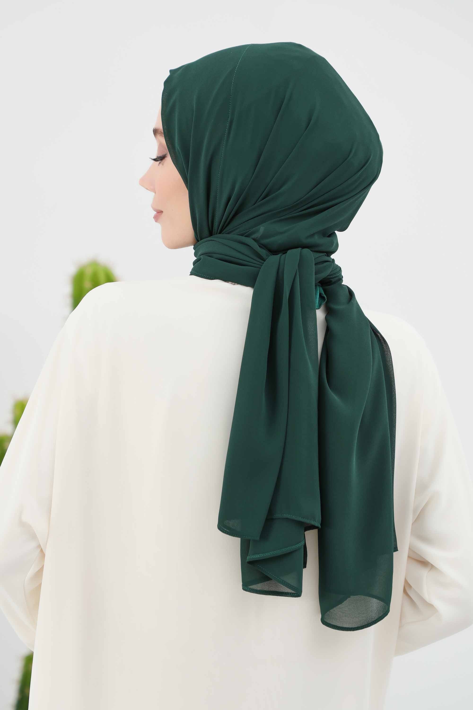 Instant Chiffon Shawl Headscarf for Women with Cotton Bonnet Chiffon Turban Cap, Ready-to-Wear Soft Chiffon Shawl Instant Hijab Wrap,PS-46 Dark Green