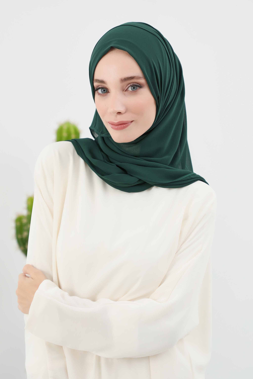 Instant Chiffon Shawl Headscarf for Women with Cotton Bonnet Chiffon Turban Cap, Ready-to-Wear Soft Chiffon Shawl Instant Hijab Wrap,PS-46 Dark Green