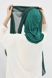 Instant Chiffon Shawl Headscarf for Women with Cotton Bonnet Chiffon Turban Cap, Ready-to-Wear Soft Chiffon Shawl Instant Hijab Wrap,PS-46 Dark Green