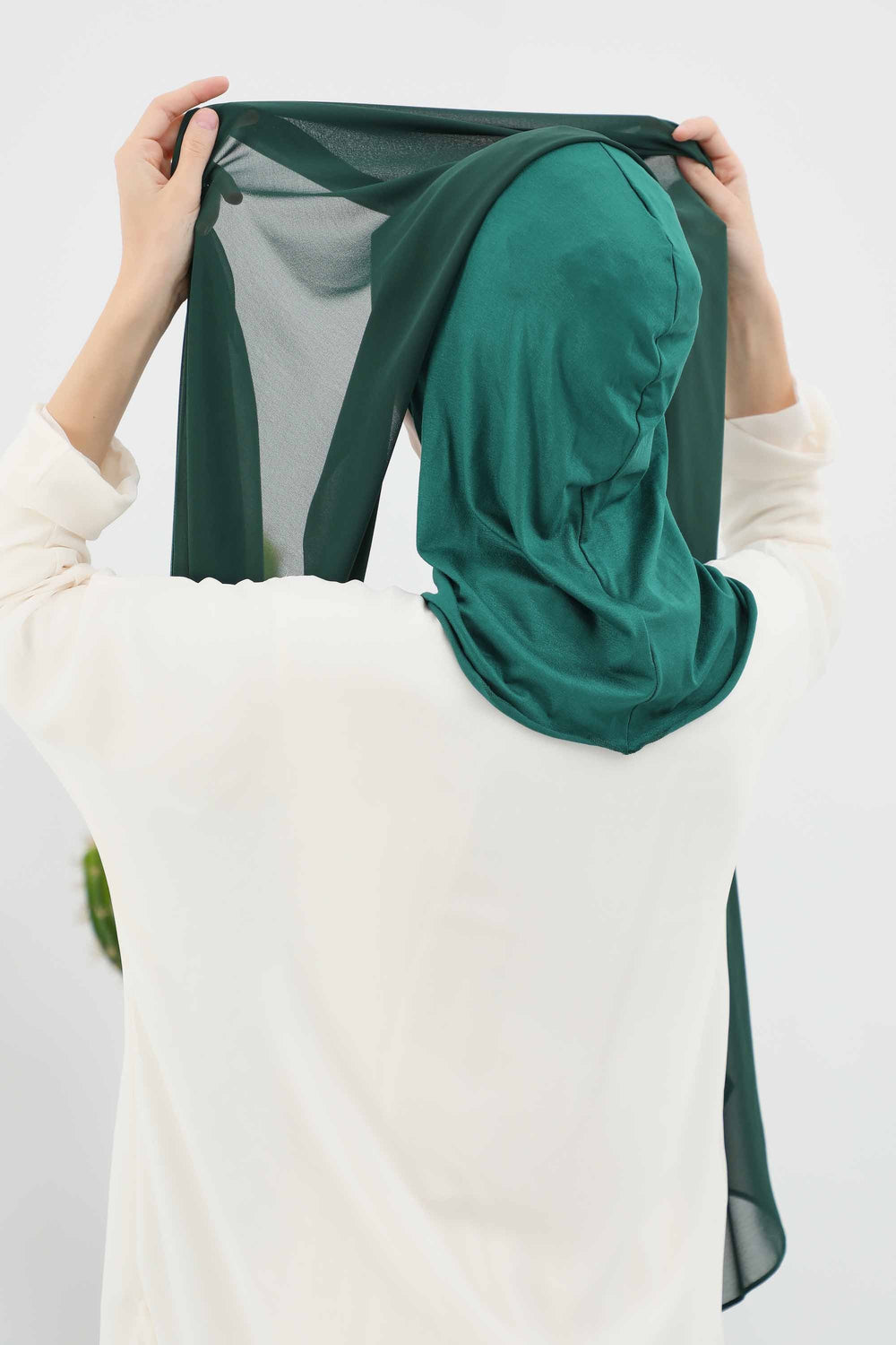 Instant Chiffon Shawl Headscarf for Women with Cotton Bonnet Chiffon Turban Cap, Ready-to-Wear Soft Chiffon Shawl Instant Hijab Wrap,PS-46 Dark Green