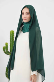 Instant Chiffon Shawl Headscarf for Women with Cotton Bonnet Chiffon Turban Cap, Ready-to-Wear Soft Chiffon Shawl Instant Hijab Wrap,PS-46 Dark Green