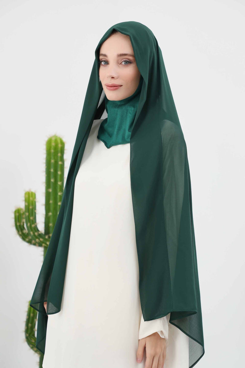 Instant Chiffon Shawl Headscarf for Women with Cotton Bonnet Chiffon Turban Cap, Ready-to-Wear Soft Chiffon Shawl Instant Hijab Wrap,PS-46 Dark Green
