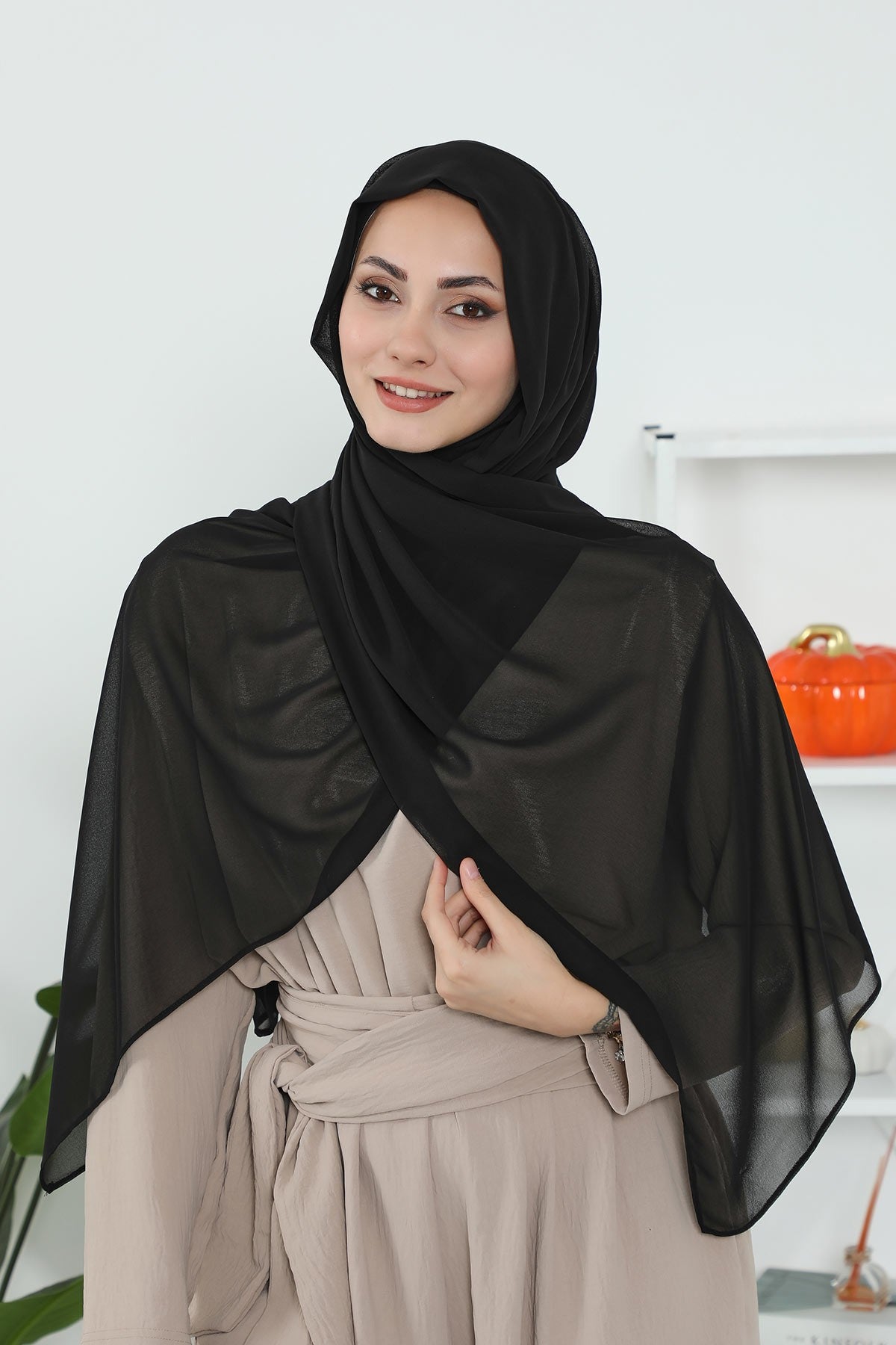 Instant Chiffon Shawl Headscarf for Women with Cotton Bonnet Chiffon Turban Cap, Ready-to-Wear Soft Chiffon Shawl Instant Hijab Wrap,PS-46 Black