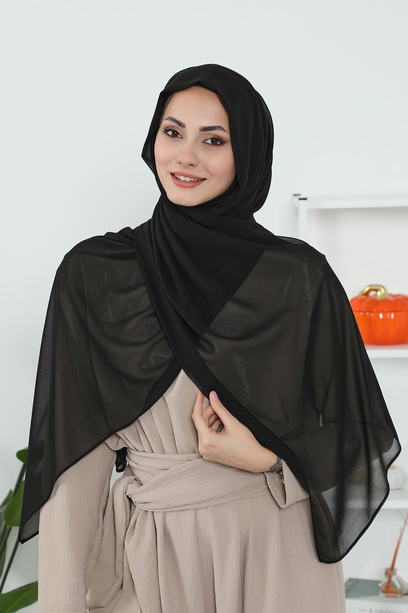 Instant Chiffon Shawl Headscarf for Women with Cotton Bonnet Chiffon Turban Cap, Ready-to-Wear Soft Chiffon Shawl Instant Hijab Wrap,PS-46 Black