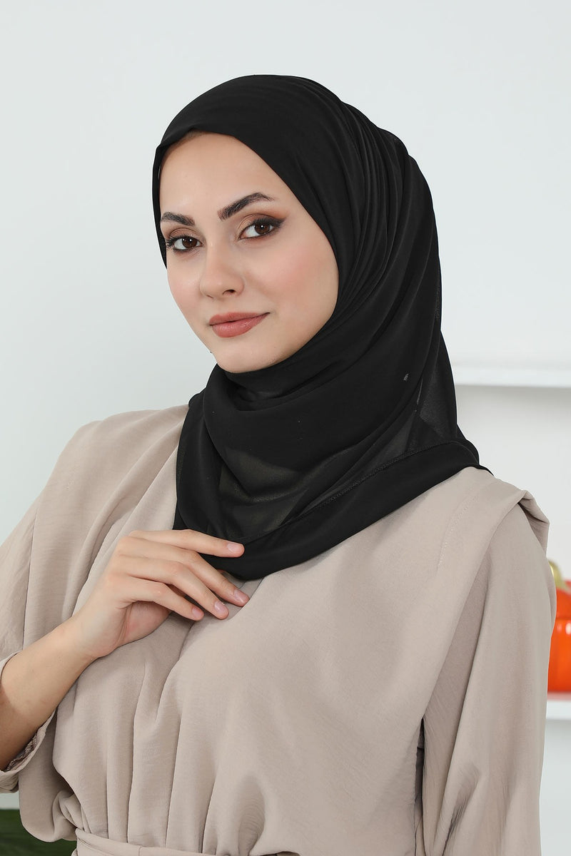 Instant Chiffon Shawl Headscarf for Women with Cotton Bonnet Chiffon Turban Cap, Ready-to-Wear Soft Chiffon Shawl Instant Hijab Wrap,PS-46 Black